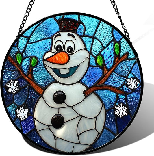 Stained Glass Window Hanging Christmas Funny Snowman 11.8" - Suncatcher Door Garden Blue White Snowflakes Sun Catcher New Year Birthday for Friend Mom Men Woman Nana
