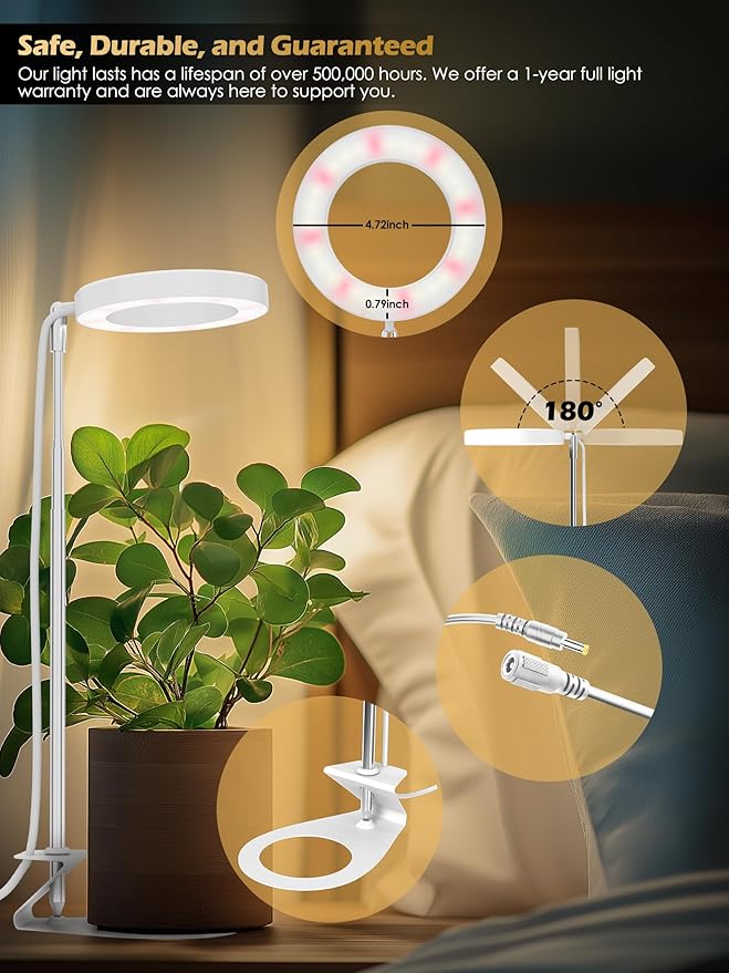 GLOWRIUM Grow Light for Indoor Plants, 12W Full Spectrum Plant Lights with Timer, Height Adjustable&10 Dimmable Brightness, Mini Halo Grow Lights for Small Plant (2025-white, 12w)