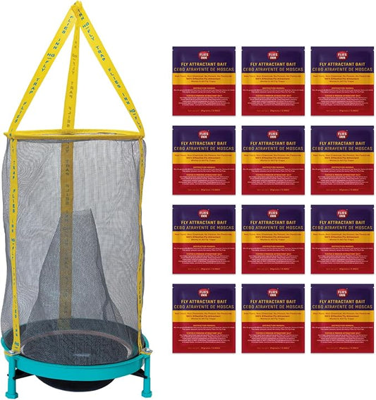 EZ Fly Cage Ranch Fly Trap with 2 Flies Inn Fly Attractant Bait Refill, Low Odor, Reusable, Built to Last for Years (1 Trap+12 Bait, 1)