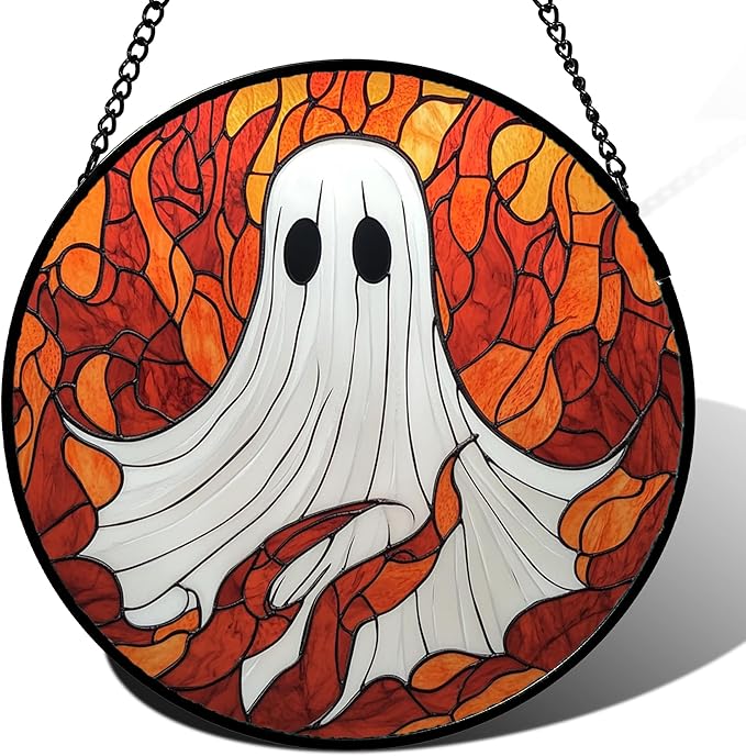 Stained Glass Window Hanging - Halloween Decorations White Ghost Orange Sky Suncatcher for Doors Garden Funny Spooky Sun Catchers Gothic Decor Horror Gifts for Women Men Friend Boy 15 in