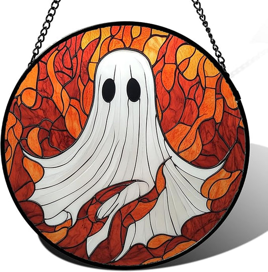 Stained Glass Window Hanging - Halloween Decorations White Ghost Orange Sky Suncatcher for Doors Garden Funny Spooky Sun Catchers Gothic Decor Horror Gifts for Women Men Friend Boy 7.8 in