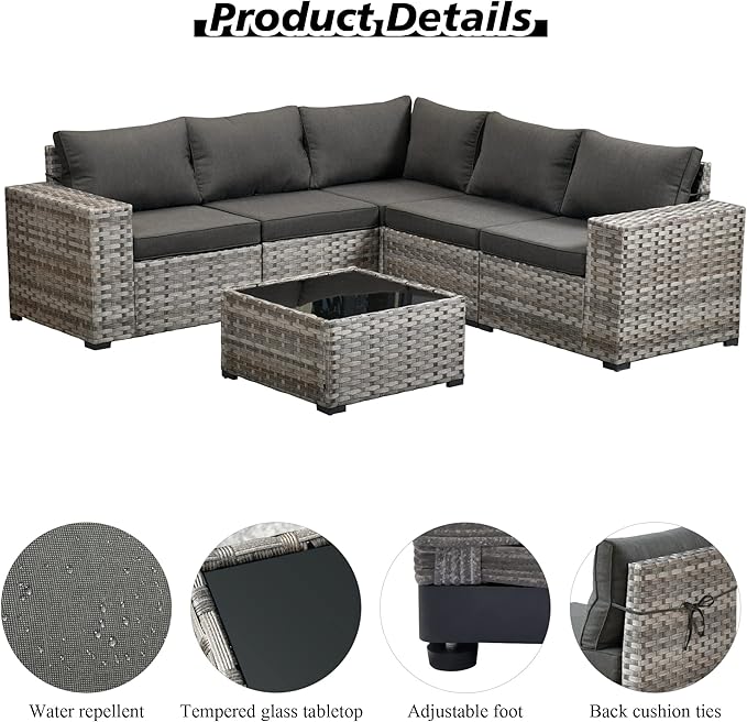 HOOOWOOO Modular Patio Outdoor Sectional Furniture Set,6 Piece Wicker Conversation Sofa Set,Out Door Couch Set with Wide Arm for Outside All Weather(Black)