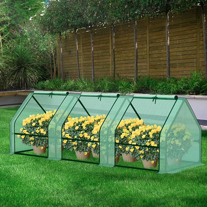 BPS 9x3x3 ft Mini Greenhouse with Green PE Cover UV-Protected Roll-Up Zipper Doors, Ideal for Indoor or Outdoor Use on Raised Garden Beds