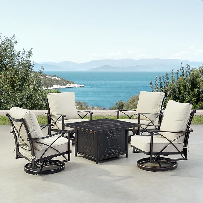 Oakland Living AHRI-4CH-CAVE-LGCU-AC Black Aluminum Patio Fire Table Set with Four Club Chairs, Antique Copper