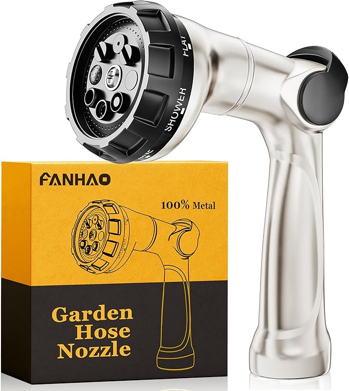 FANHAO Professional Heavy Duty Garden Hose Nozzle, 100% Metal Thumb Control Water Hose Sprayer with 8 Spray Patterns, High Pressure Water Nozzle for Lawn & Plant Watering, Car & Pet Washing