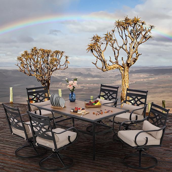 PHI VILLA Patio Dining Set for 6,7 PCS Outdoor Dining Sets-1 Rectangle 37x60in Dining Table (1.57in Umbrella Hole) & 6 Swivel Dining Chairs,Metal Patio Furniture for Outdoor Kitchen Lawn and Garden