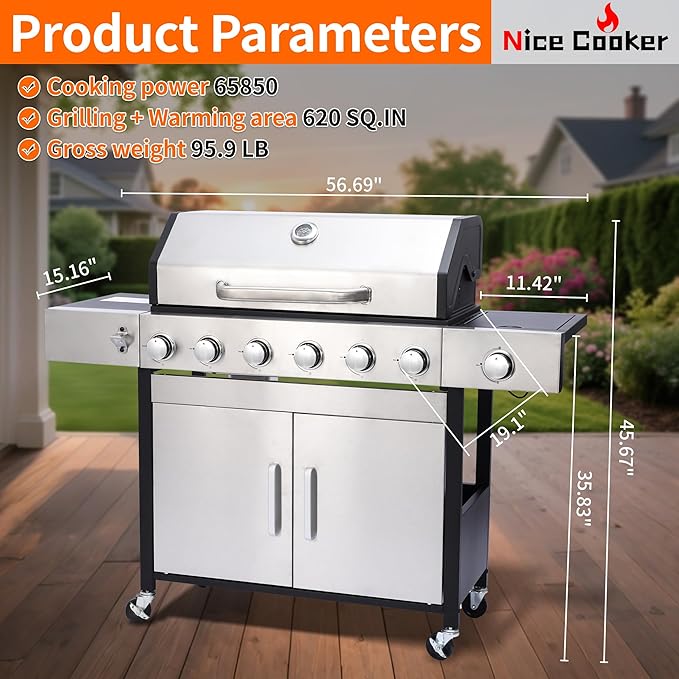 6-Burner Propane Gas BBQ Grill with Side Burner - 65850 BTU Total Output Stainless Steel Grills with Enameled Cast Iron Grill for Outdoor Backyard Barbecue, 620 SQ. IN. Cooking Area