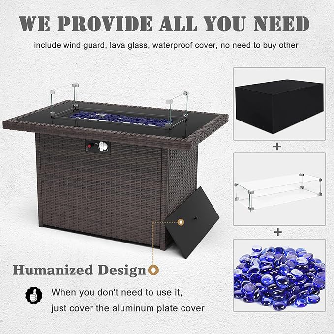 Propane Fire Pit Table,44 Inch 55000 BTU Outdoor Gas Fire Pit Rectangular with Glass Wind Guard for Outside Patio Deck (Brown-Glass Top)
