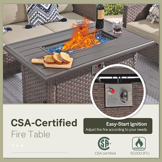 SUNSITT Outdoor Fire Pit Table 43 Inch Wicker Propane Fire Pit with Aluminum Tabletop 50,000 BTU Gas Firepit with Fire Glass, Lid, Cover, Brown Rattan