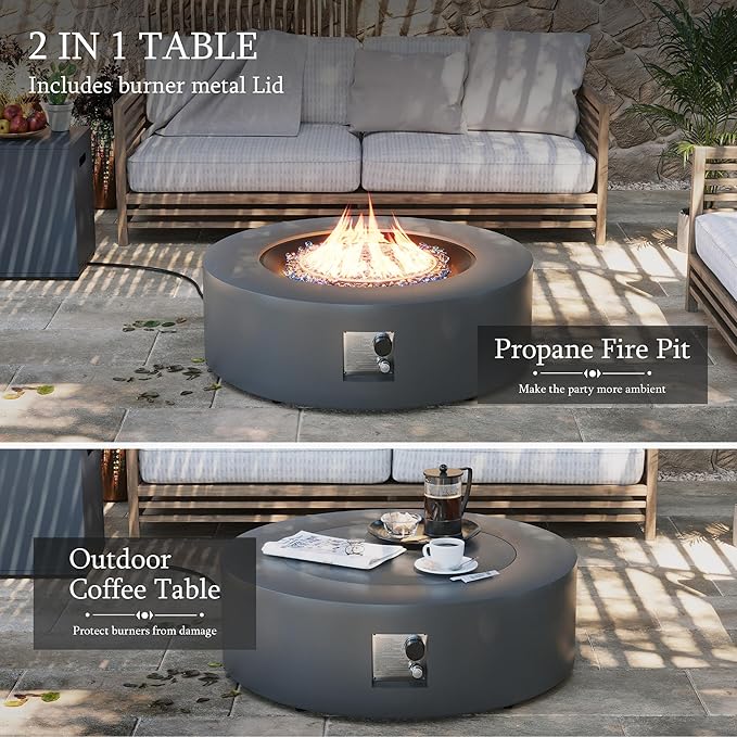 UPHA 42-inch Outdoor Propane Gas Fire Pit Table 50000 BTU Iron Round Firepit for Outside Patio with Tank Hidden Table, Removable Lid, Blue Glass Rocks, Rain Cover, Dark Grey