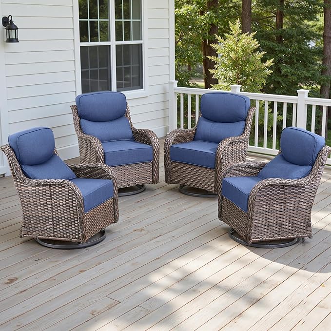 4 Piece Outdoor Patio Swivel Rocker Chairs, Waterproof Wicker, High Back, Deep Seating, Wide Armrest, Upgraded 6 inch Thick Cushions, Ideal for Deck Porch Backyard, Brown/Blue