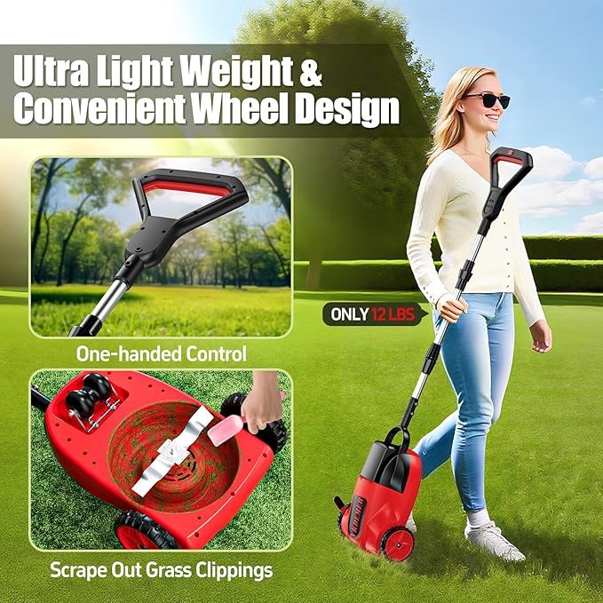 9 Inch Electric Lawn Mower, 6000RPM Weed Wacker with 2x4.0mAH Batteries, Brushless Cordless Lawn Mower with 3 Cutting Heights, Lightweight Electric Grass Trimmer with Safe Tilt 20°-70°for Yard Care
