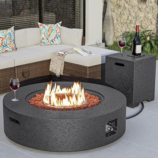 COSIEST 42 inch Outdoor Propane Fire Pit Coffee Table w Concrete Round Base Patio Heater, CSA Certified, 50,000 BTU Stainless Steel Burner, Free Lava Rocks, Rain Cover, Tank Cover, Gray