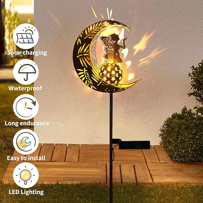 ZKLiLi Garden Solar Lights Pathway Stake Lights Moon Fairy with Angel Decor, Gardening Birthday Gift for Mom Grandma Friends, Outdoor Decor Light Waterproof for Walkway, Yard, Patio(Moon Fairy)