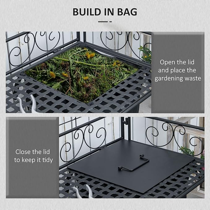 Outsunny Folding Potting Bench Table, Metal Garden Workstation, Work Bench with Large Build-in Bag with Cover, 5 Hanging Hooks & Storage Shelf, Flourishes