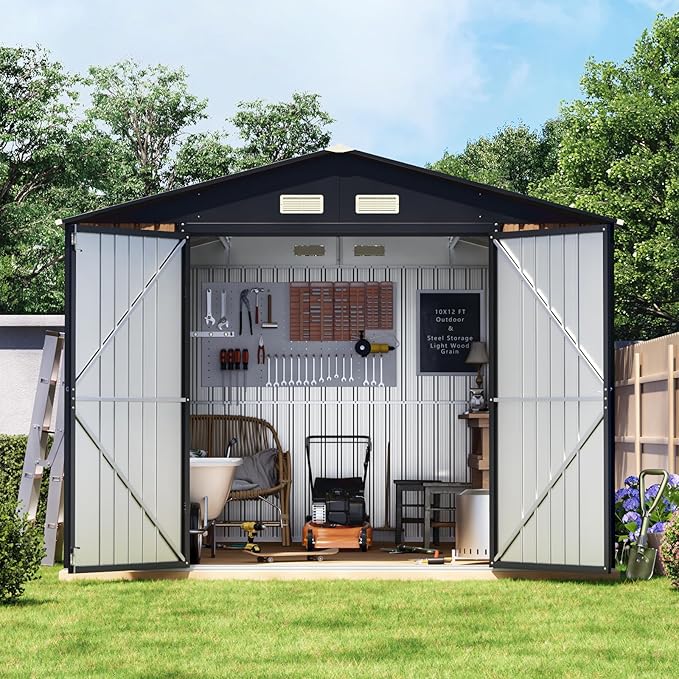 10X12 FT Outdoor Steel Storage Shed with Lockable Doors, 2 Windows, Garden Shed Ideal for Backyard, Patio Storage,Chicken Coop(Wood Panels & Frame Floor Not Included)
