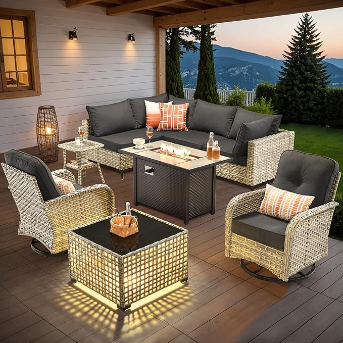 Outdoor Sectional Patio Furniture Set with Swivel Rocking Chairs,9 Pieces Wicker Conversation Sets L Shaped Couch Out Door Sofa Set Outside Furniture for Garden Deck Yard Porch,Black