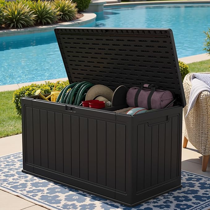 Greesum 150 Gallon HDPE Outdoor Storage Box - Waterproof, Large Capacity Deck Box with Removable Dividers for Patio, Yard, Garden Tools, Black
