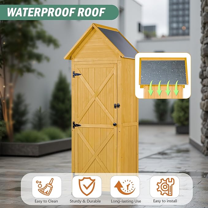 Wooden Outdoor Storage Cabinet,Tall Vertical Garden Tool Shed with Waterproof Metal Roof & Adjustable Feet – Perfect for Yard, Patio, Lawn & Deck (Yellow, 22" x 26" x 67")