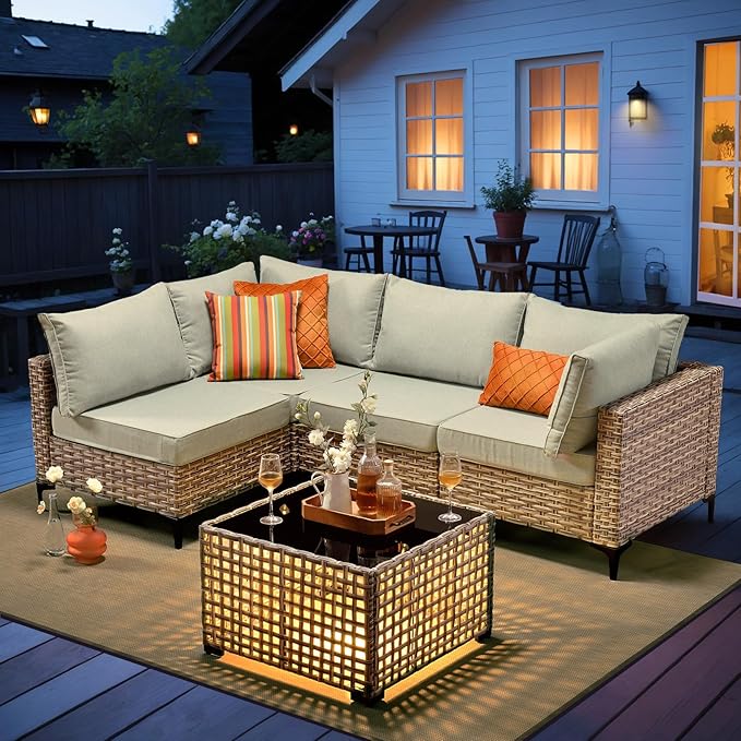 Outdoor Sectional Patio Furniture Set with Glowing Table,5 Pieces Wicker Conversation Sets L Shaped Couch Out Door Sofa Set Outside Furniture for Garden Deck Yard Porch,Grey