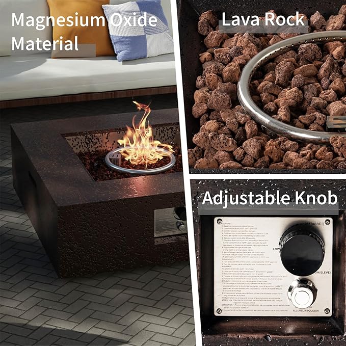 SUNBURY Outdoor Fire Pit, 35" Square Propane Gas Patio Fire Table 50,000 BTU Concrete Travertine Design, CSA Certified, Low Firepit Table with Lava Rocks, Waterproof Cover (Dark Brown)