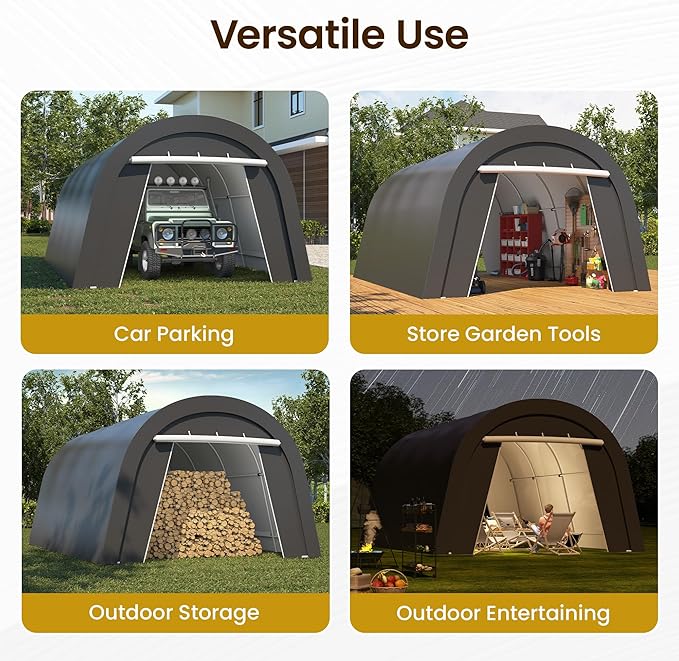 Wisteria Lane Domed Carport, Portable Garage with 2 Roll up Doors, Heavy Duty Car Canopy Party Tent, All-Season Storage Shelter Shed Carport for Motorcycle, Boat, Truck, or Garden Tools, 13' x 20'