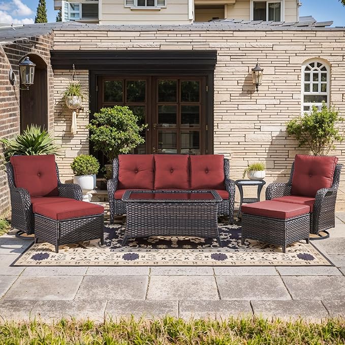 Wicker Rattan Patio Furniture Set - 7 Pieces Outdoor Couch with Swivel Chairs, Ottomans and Coffee Table for Deck, Poolside, Backyard - Brown/Red