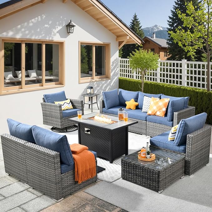 HOOOWOOO 10 Piece Patio Sectional Furniture Set with Fire Pit Table,Modern Wicker Outdoor Conversation Sofa Sets,Weather Resistant Modular L Shaped Outside Couch Swivel Chair Set(Denime Blue)