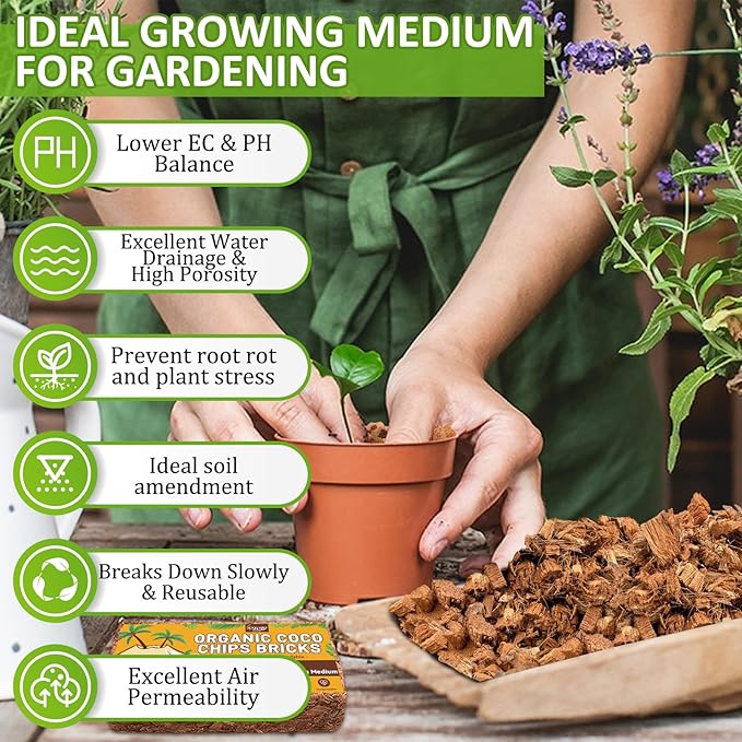 Legigo 8 Pack Coco Husk Chips- 8.8 LB 100% Organic Coconut Coir Chips Brick Potting Soil Mix with Low EC & PH Balance, Compressed Coconut Substrate Coco Chips Mulch Medium for Garden, Flowers, Plants