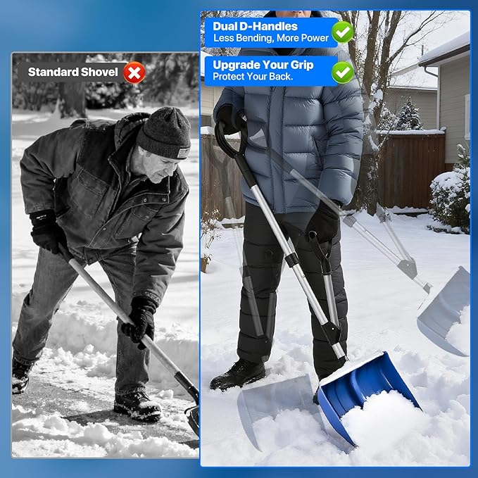 Ergonomic Snow Shovel for Driveway and Car, 51 Inch Long Heavy Duty Snow Shovels for Snow Removal with Assist Handle, Large Capacity Lightweight Winter Tool for Garage, Camping