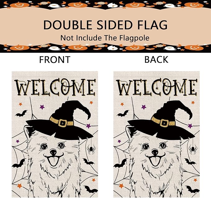 Halloween Garden Flag Pomeranian Cobweb Bats Double Sided Vertical Welcome Flag Seasonal Holiday Outdoor Yard Lawn Party Decorations 12.5 x 18 Inch