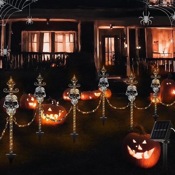 13 Set of Halloween Skull Garden Fence with Solar Light Graveyard Decor Light up Halloween Skull Lawn Stakes Pathway Decor with Connecting Chain for Outdoor Holiday Yard Decoration
