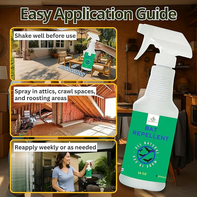 Bat Repellent Spray – Indoor and Outdoor Deterrent to Drive Bats Away from Nesting – Easy Application, Compatible with Any Outdoor Area – Suitable for Attic, Homes, and Barns – 16oz