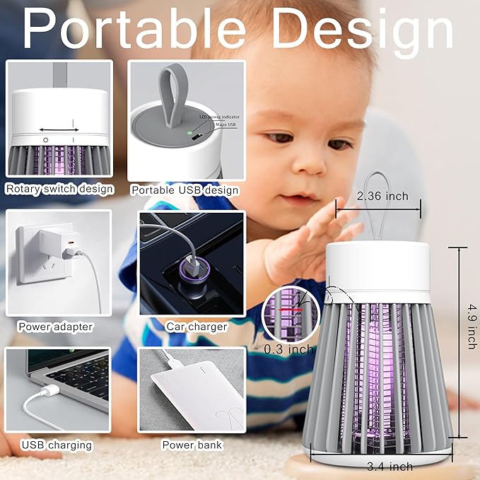 Bug Zapper Portable Camping Outdoor, Cordless Mosquito Zapper, Rechargeable Indoor Fly Zapper, Mosquito Repellent with Safety Grid, USB Charging Mosquito Killer for Indoor/Outdoor, Grey