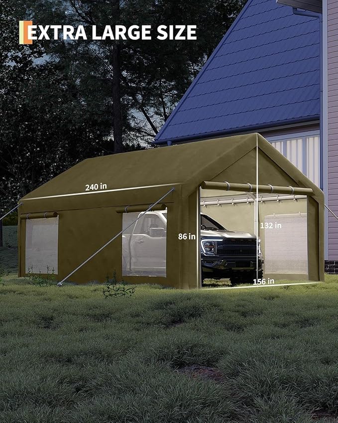 13 x 20FT Heavy Duty Carport with Roll-Up Windows, Portable Garage with Removable Sidewalls & Doors, Portable Car Tent Garage with Roll-Up Windows and All-Season Tarp, for Car, Truck,