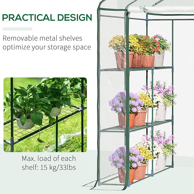 Outsunny 5' x 5' x 6' Mini Walk-in Greenhouse Kit, Portable Green House with 3 Tier Shelves, Roll-Up Door, and Weatherized Plastic Cover for Backyard Garden, Clear