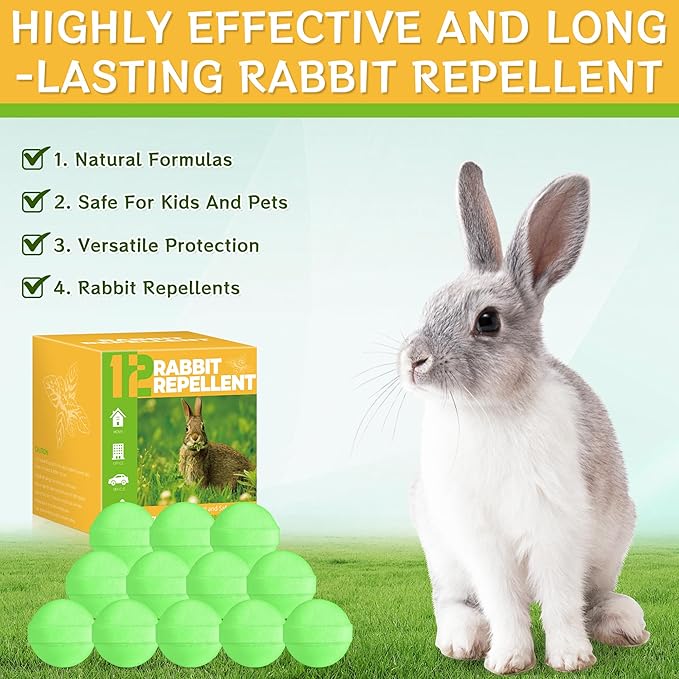 Rabbit Repellent Balls – 12 Pack Natural Deer and Rabbit Repellent for Garden and Yard, Long-Lasting Outdoor Rabbit Deterrent, Safe for Pets and Kids, Plant-Based