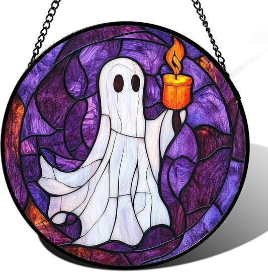 Stained Glass Window Hanging - Halloween Decorations Ghost Suncatcher for Doors Garden Indoor Spooky Funny Purple Sun Catchers Gothic Decor Horror Gifts for Women Men Friend 11.8 in
