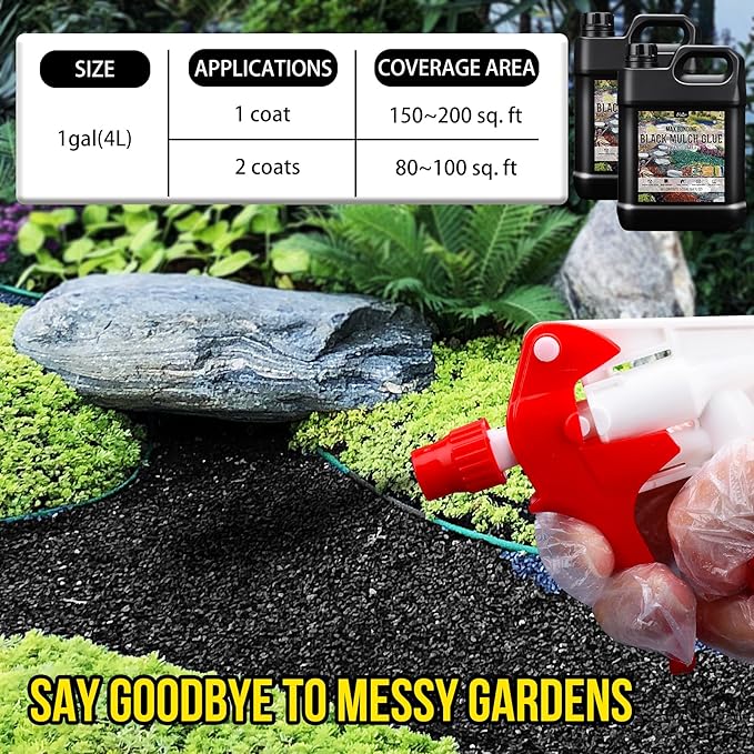 Mulch Glue - 0.5 Gallon / 64oz Black Color Mulch Dye & Landscape Adhesive with Applicator for Landscaping, Garden, Gravel, Rock - Safe Ready to Use Gravel Binder Mulch Lock Glue for Leaf, Stone, Bark