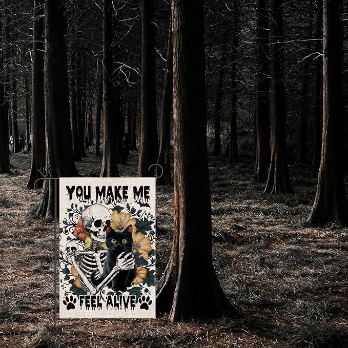 Halloween Garden Flag Skeleton and His Black Cat Vertical Double Sided Flags for Holiday Farmhouse Patio Yard Outdoor Party Decor Decorations Gifts - 12.5 x 18 Inch