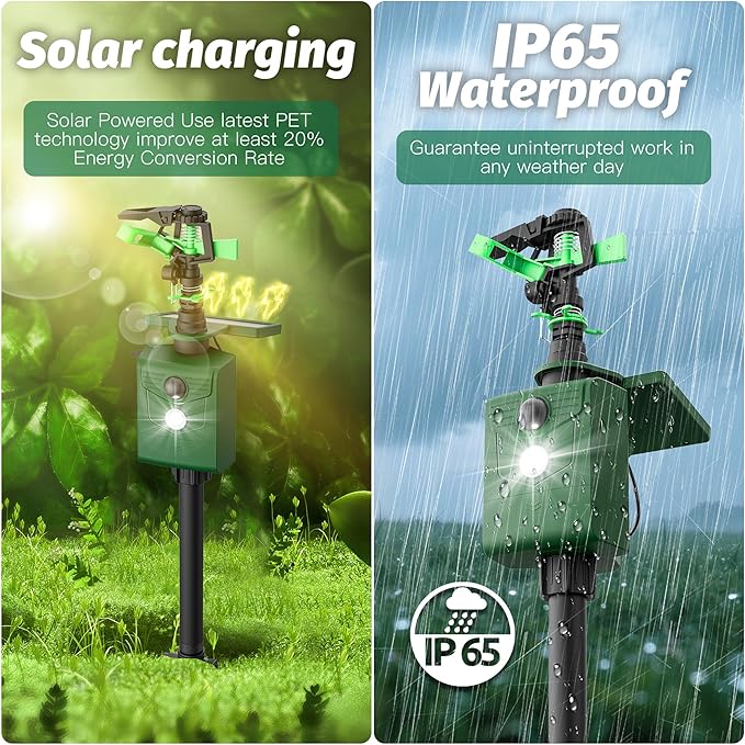 Motion Activated Animal Repeller with Water Sprinkler and Flashing Light, Solar Powerd Deer Cat Repellent Outdoor Deer Deterrent - Keep Rabbits Shunks Dog Raccoons Birds Away from Lawn and Garden