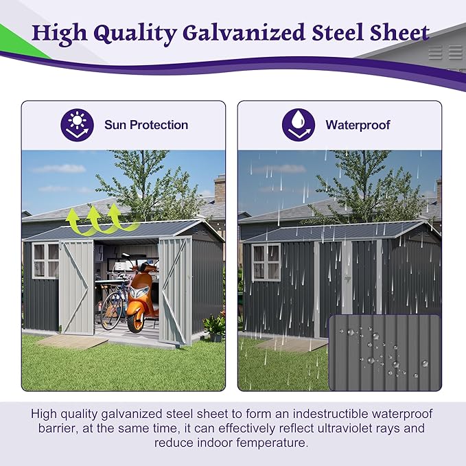 10X8 FT Outdoor Storage Shed,Metal Shed W/Window,Floor Frame & Lockable Swing Door,Garden Tool House W/ 4 Air Vents & Sloped Roof,for Backyard Patio Lawn,Gray