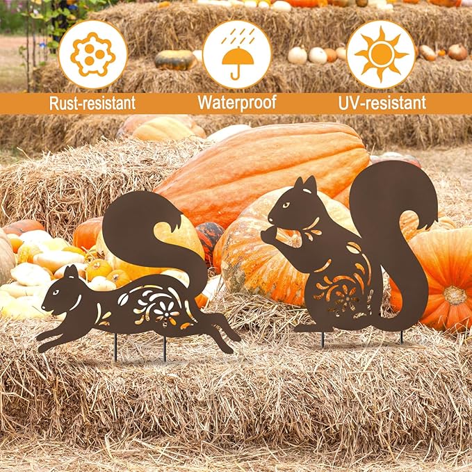 Metal Squirrel Yard Decor,Rusty Fall Statue for Outside,Set of 2 Squirrel Decorative Garden Stakes