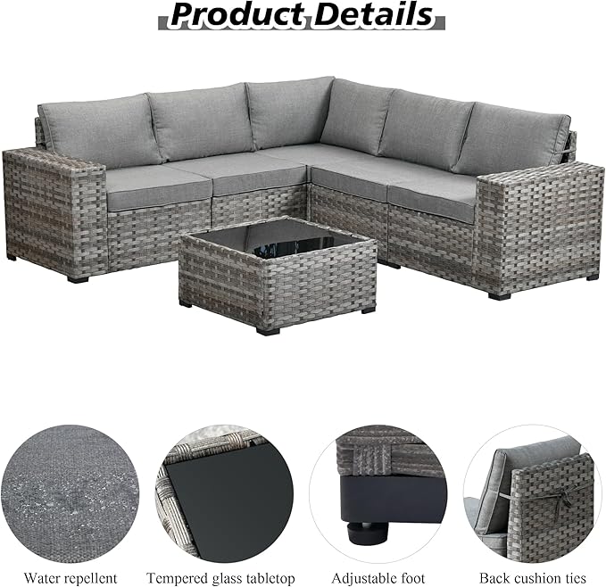 HOOOWOOO Modular Patio Outdoor Sectional Furniture Set,6 Piece Wicker Conversation Sofa Set,Out Door Couch Set with Wide Arm for Outside All Weather(Dark Grey)