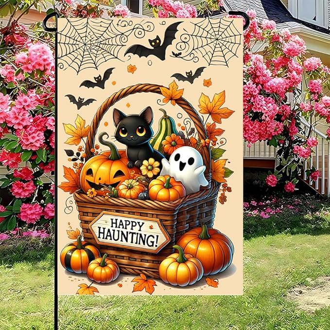 Spooky Halloween Cat Ghost Garden Flag 12x18 Inch Double Sided Yard Outdoor Decoration