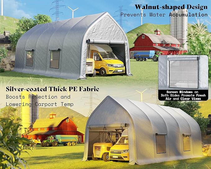 AMERLIFE 12 x 30 FT Walnut-Shaped Outdoor Carport, Heavy Duty Enclosed Carport, UV & Snow Resistant, Roll-Up Doors & Mesh Windows, for Trucks, Boats, Farm Equipment, Events, Silver Gray