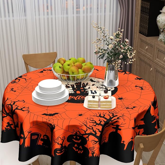 Happy Halloween Table Cloth, Pumpkin Spiders Ghosts Washable Polyester Round Tablecloth 60 inch for Kitchen Dinner Dining Room Indoor Outdoor Holiday Halloween Party Decoration