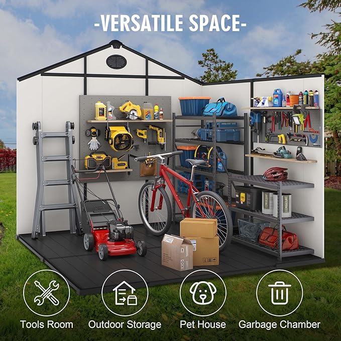 8' x 6' Outdoor Resin Storage Shed with Floor,Galvanized Metal Waterproof Garden Shed with Lockable Door, Windows, Vents, Plastic Tool, Bike Storage for Patio Furniture, Lawn Mower