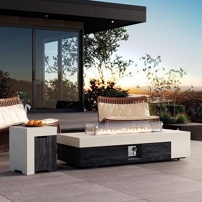 COSIEST 56" Outdoor Propane Fire Pit Table w Tank Cover & Wind Guard, Rectangle Gas Fire Pit Table with Concrete & Wood Grain Design, 50000BTU CSA Certified Fire Tables for Patio, Backyard, Garden