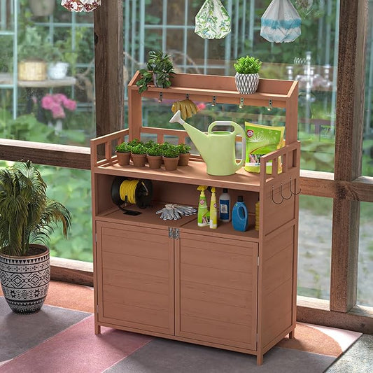 Outdoor Brown Wood Potting Bench - Spacious Gardening Table with Storage Cabinet & Top Shelf - Ideal for Planting and Organizing Your Garden!